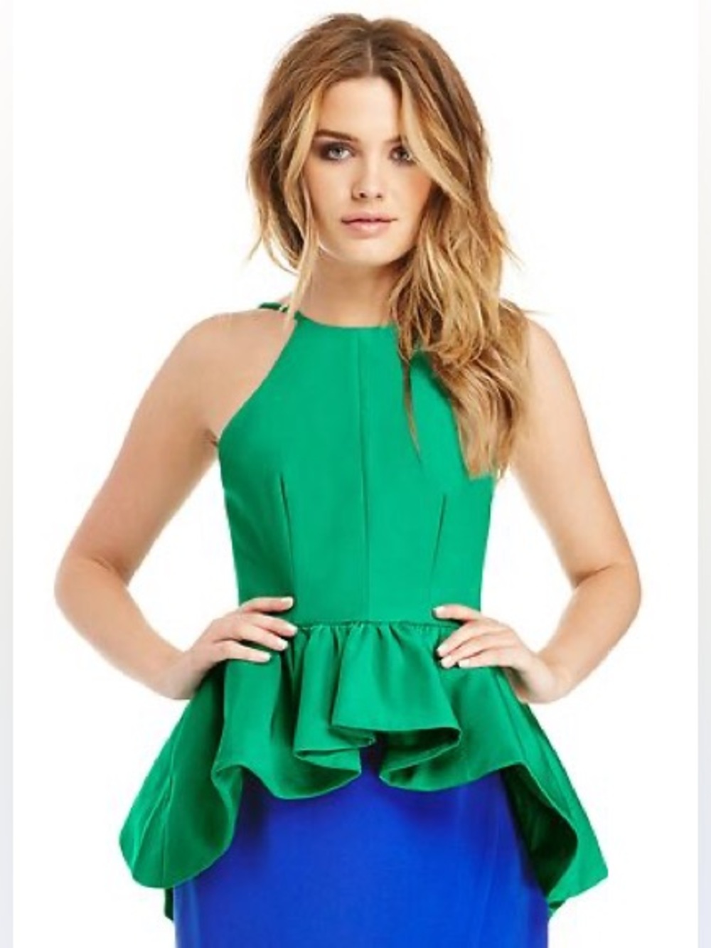 Cameo C/MEO Peplum Top Green Hi Low Open Back Sleeveless Zip Closure XS
